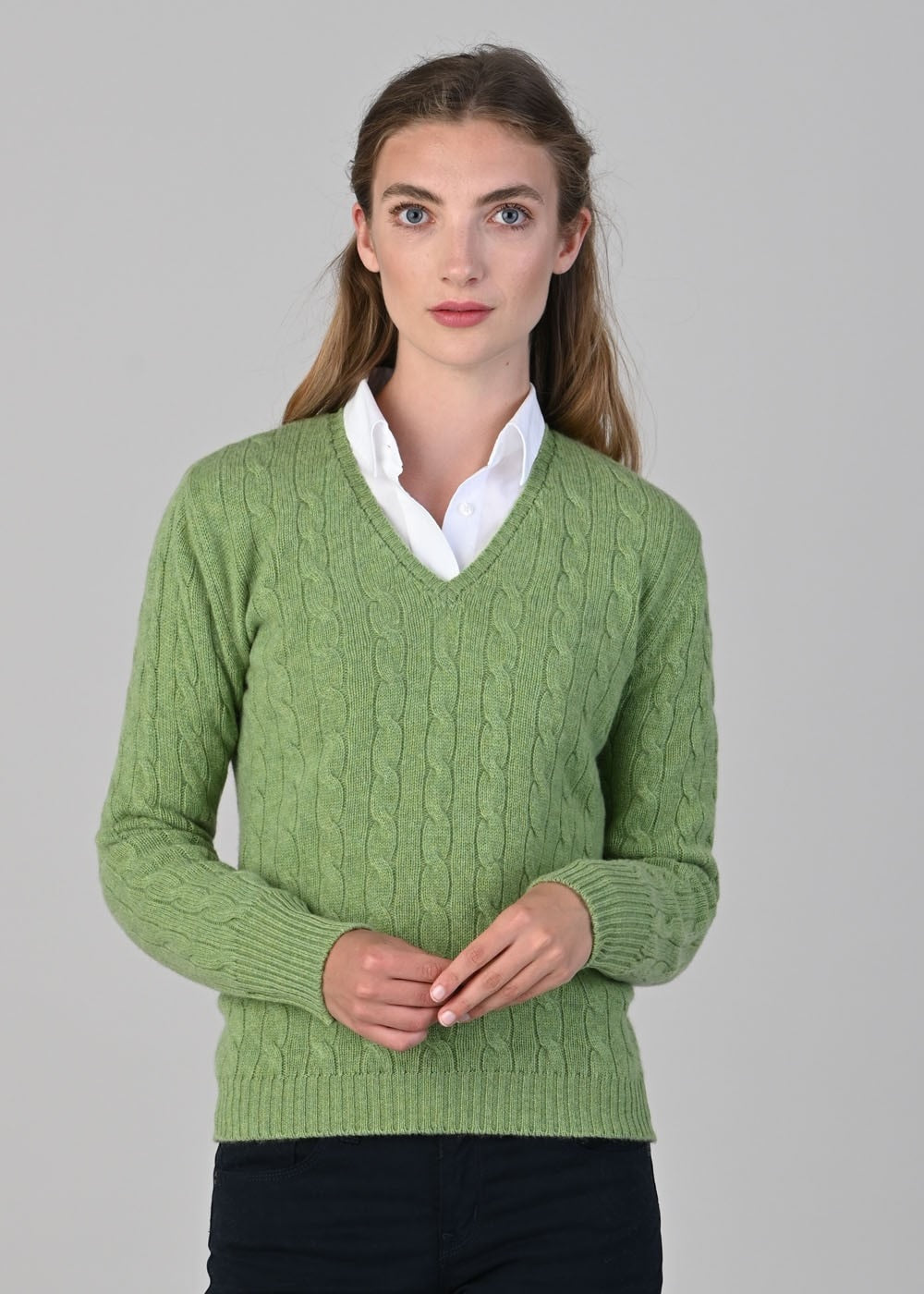 Sophia Cashmere Cable Vee Neck - Foliage - 1