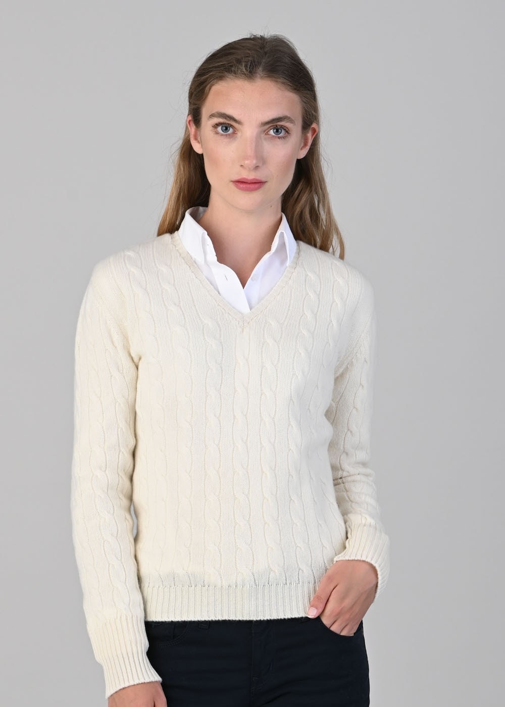 Sophia Cashmere Cable Vee Neck - White Undyed - 1
