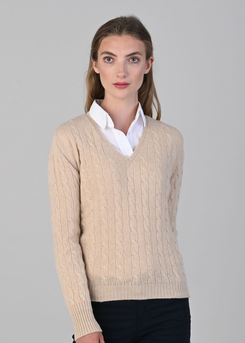 Sophia Cashmere Cable Vee Neck - Oatmeal - 1