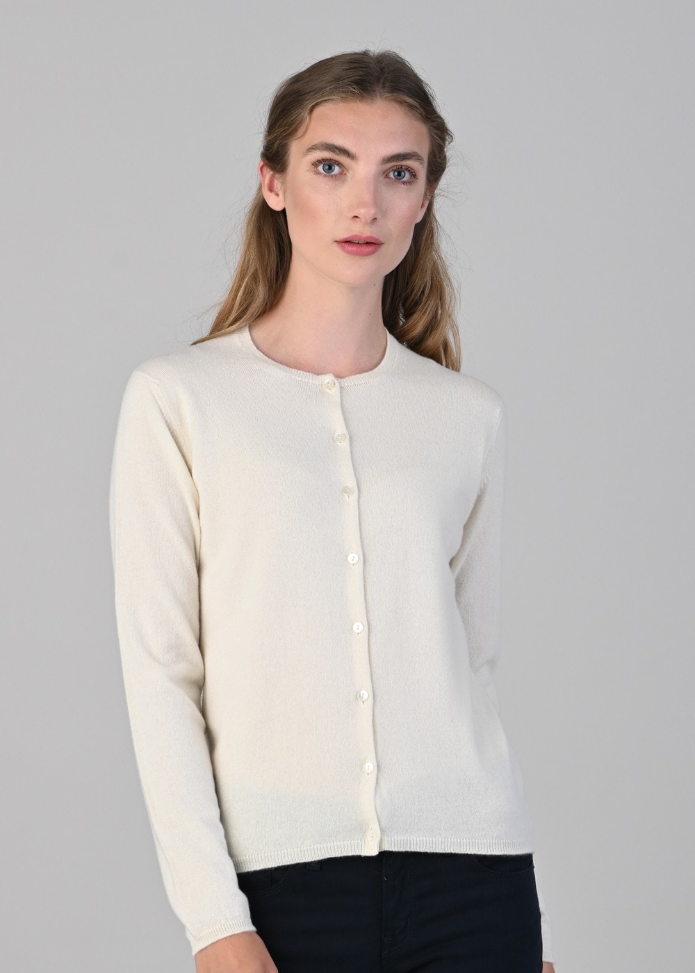 Taylor Twill Millie Cashmere High Button Cardigan – White Undyed