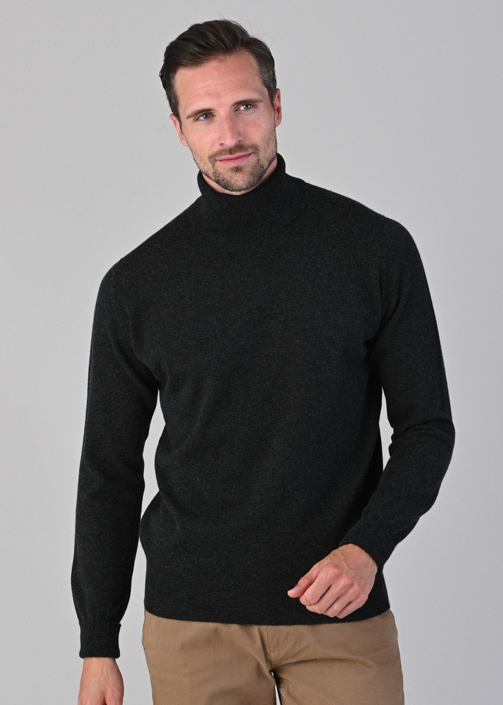 Oxton 1 Ply Cashmere Roll Neck - Charcoal - 4
