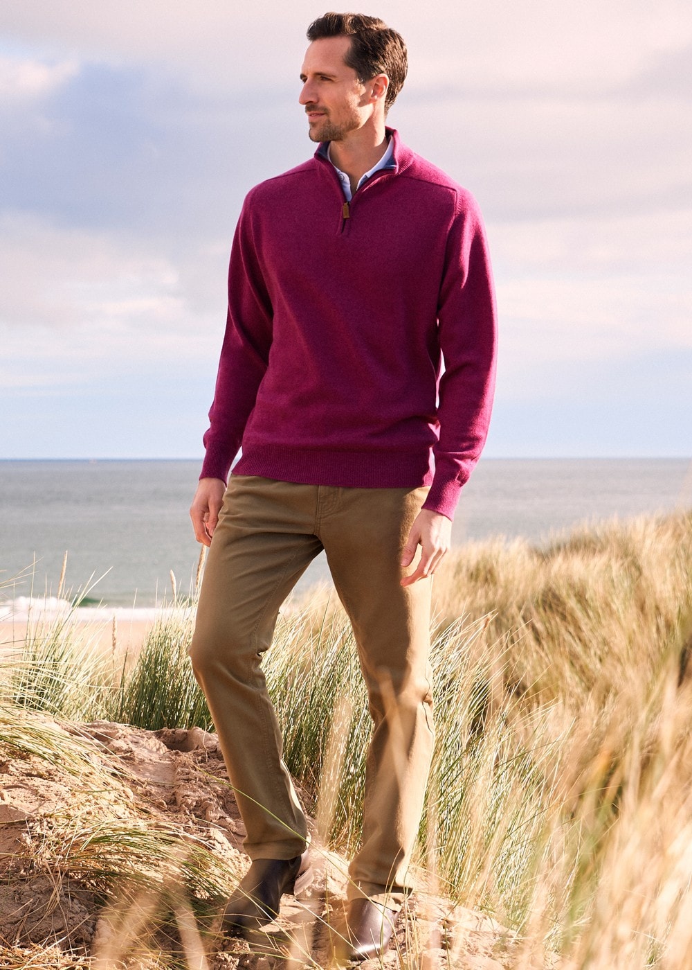 Cashmere 2 Ply Zip Neck Sweater - Loganberry with Lapis - 2