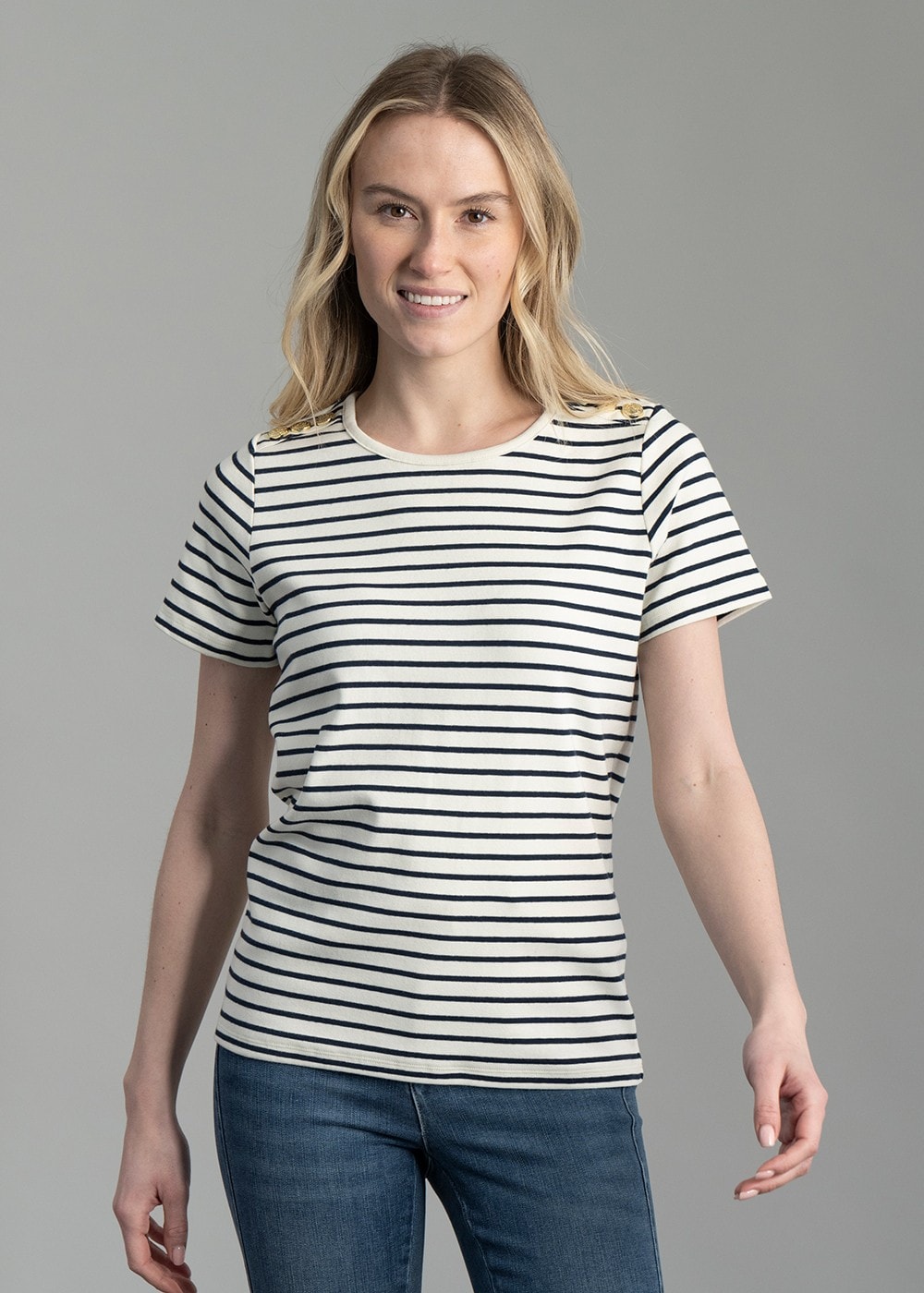 Padstow Crew Neck T-Shirt - Natural and Ink Navy Stripe - 1