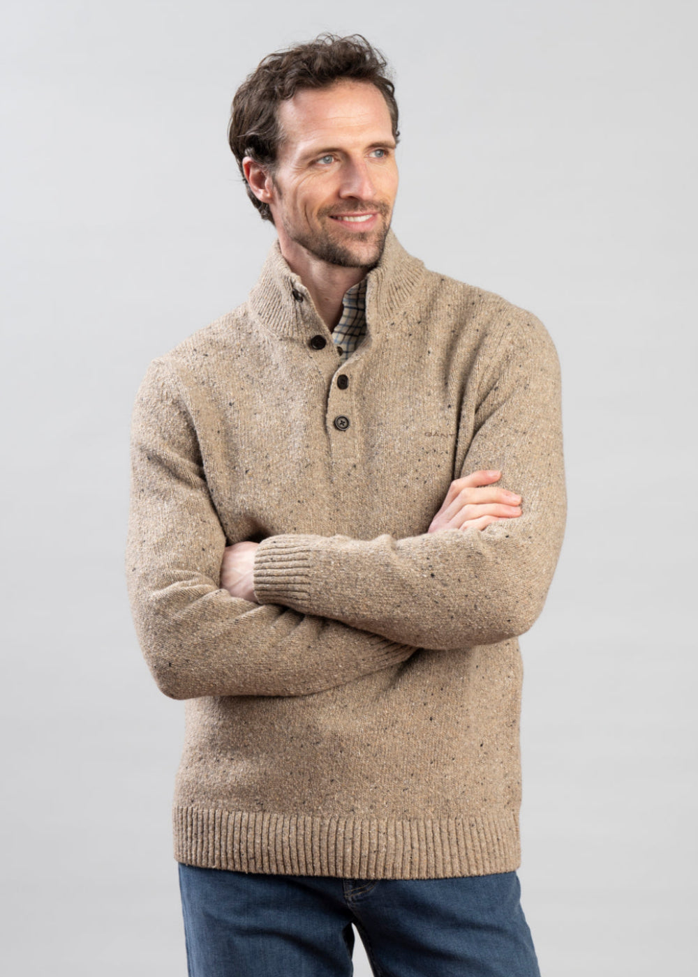 Wool Blend Neps Half Buttoned Jumper