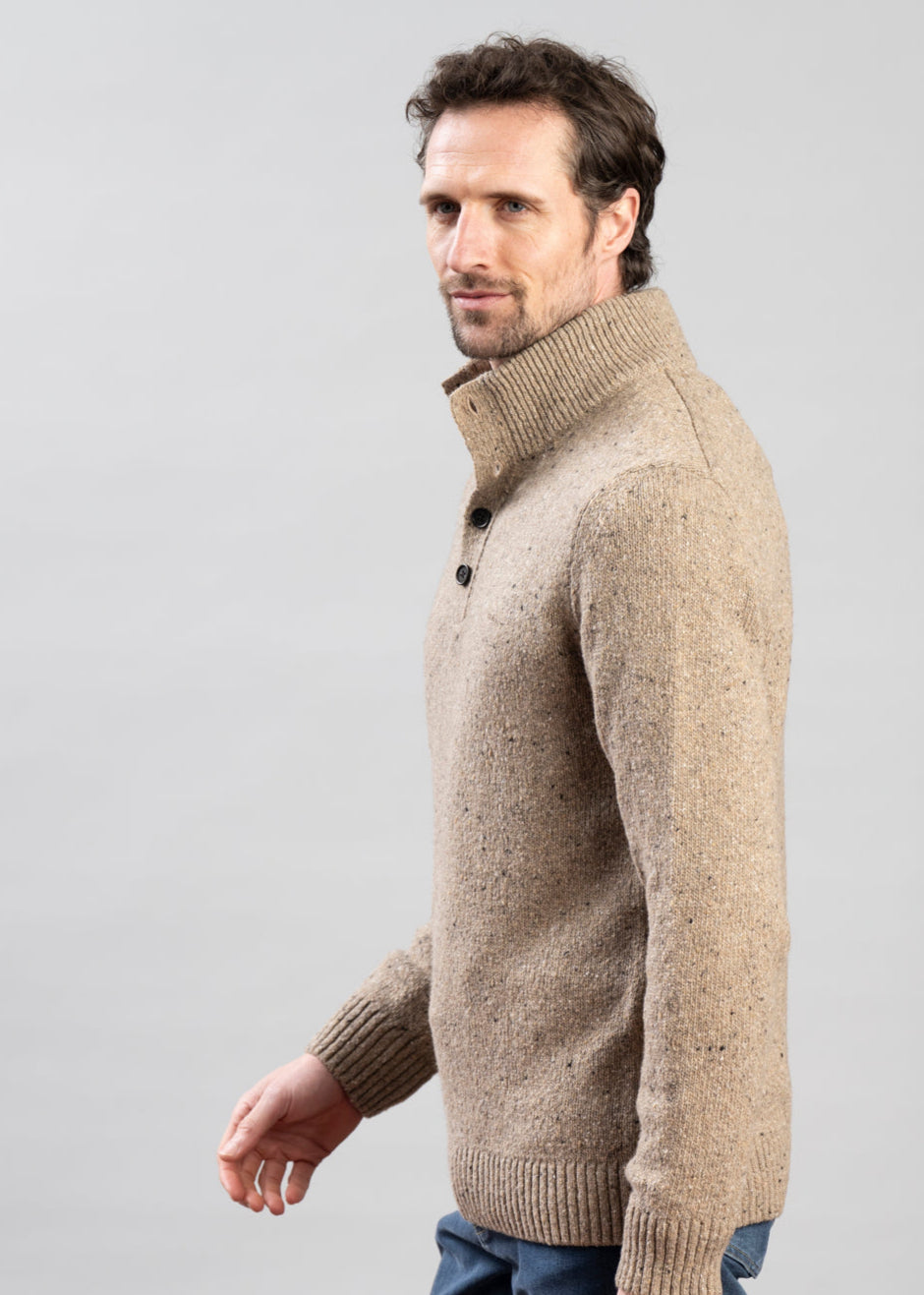 Wool Blend Neps Half Buttoned Jumper