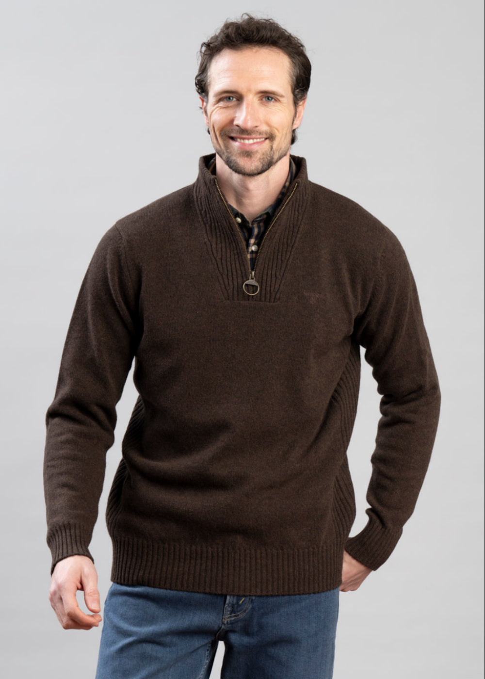 Barbour Essential Lambswool Half Zip Jumper – Dark Oak – Humes