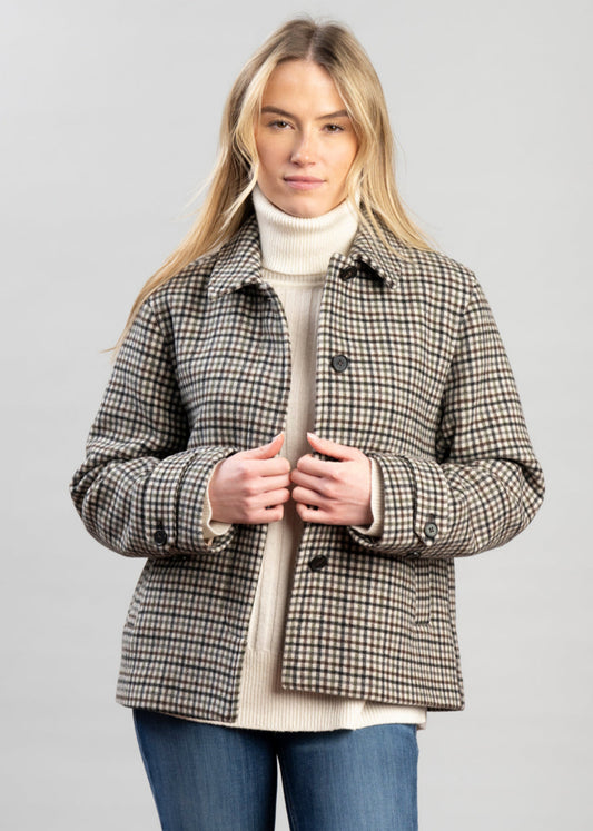Check Short Wool Blend Car Coat