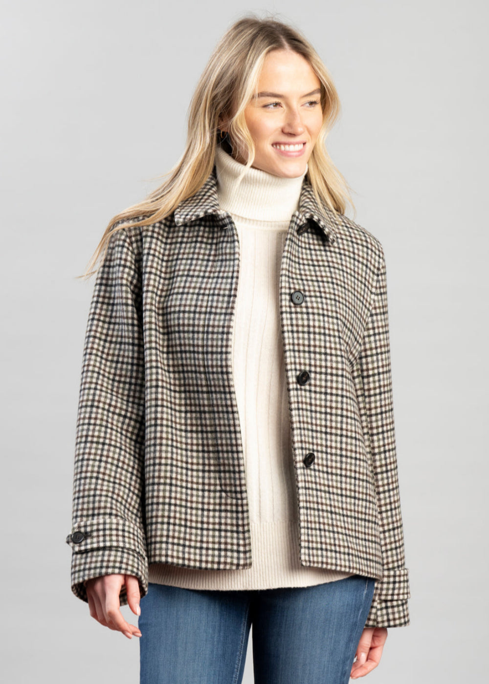 Check Short Wool Blend Car Coat