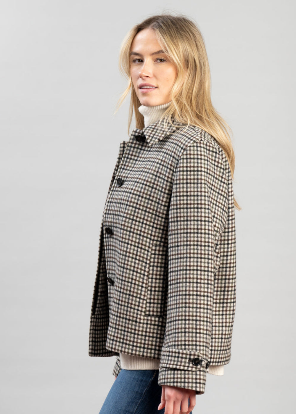 Check Short Wool Blend Car Coat