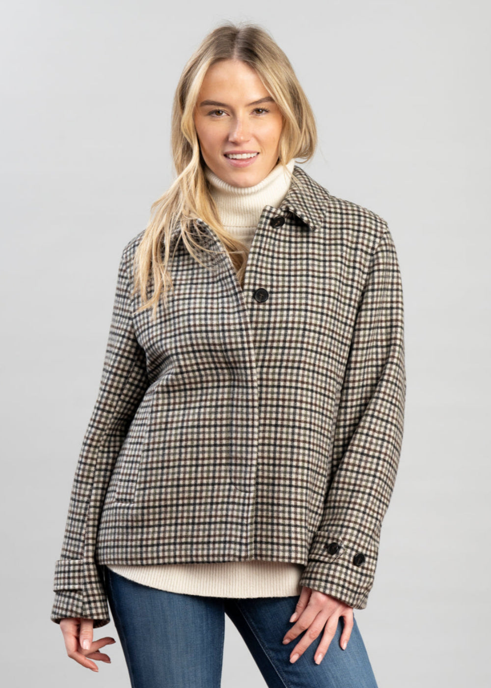 Check Short Wool Blend Car Coat