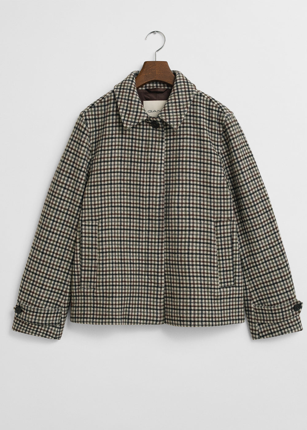 Check Short Wool Blend Car Coat