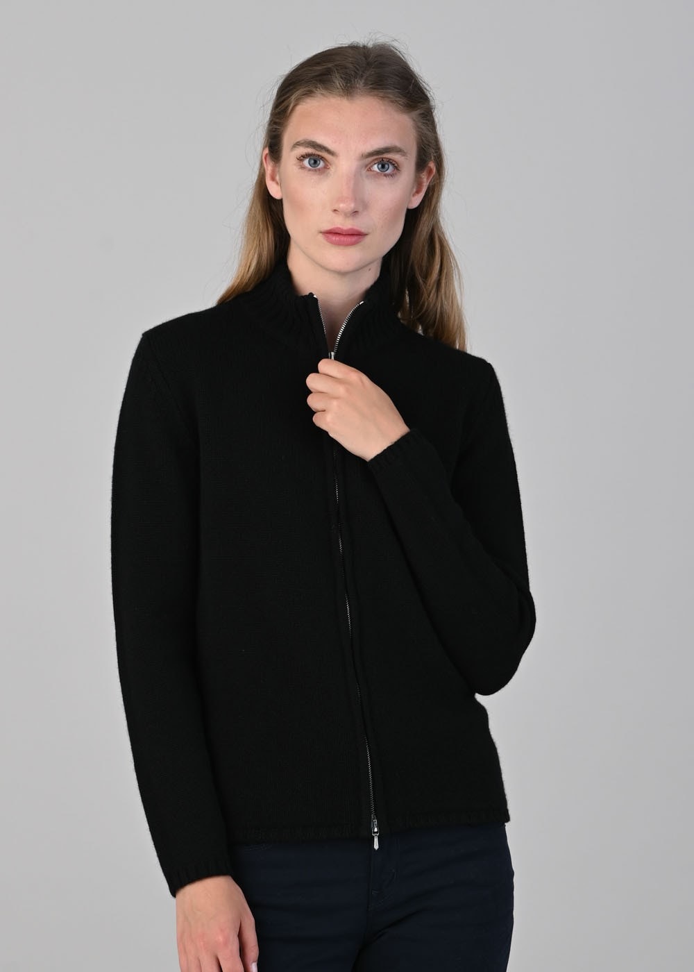 Amelia Cashmere High Neck Zip - Black - 1