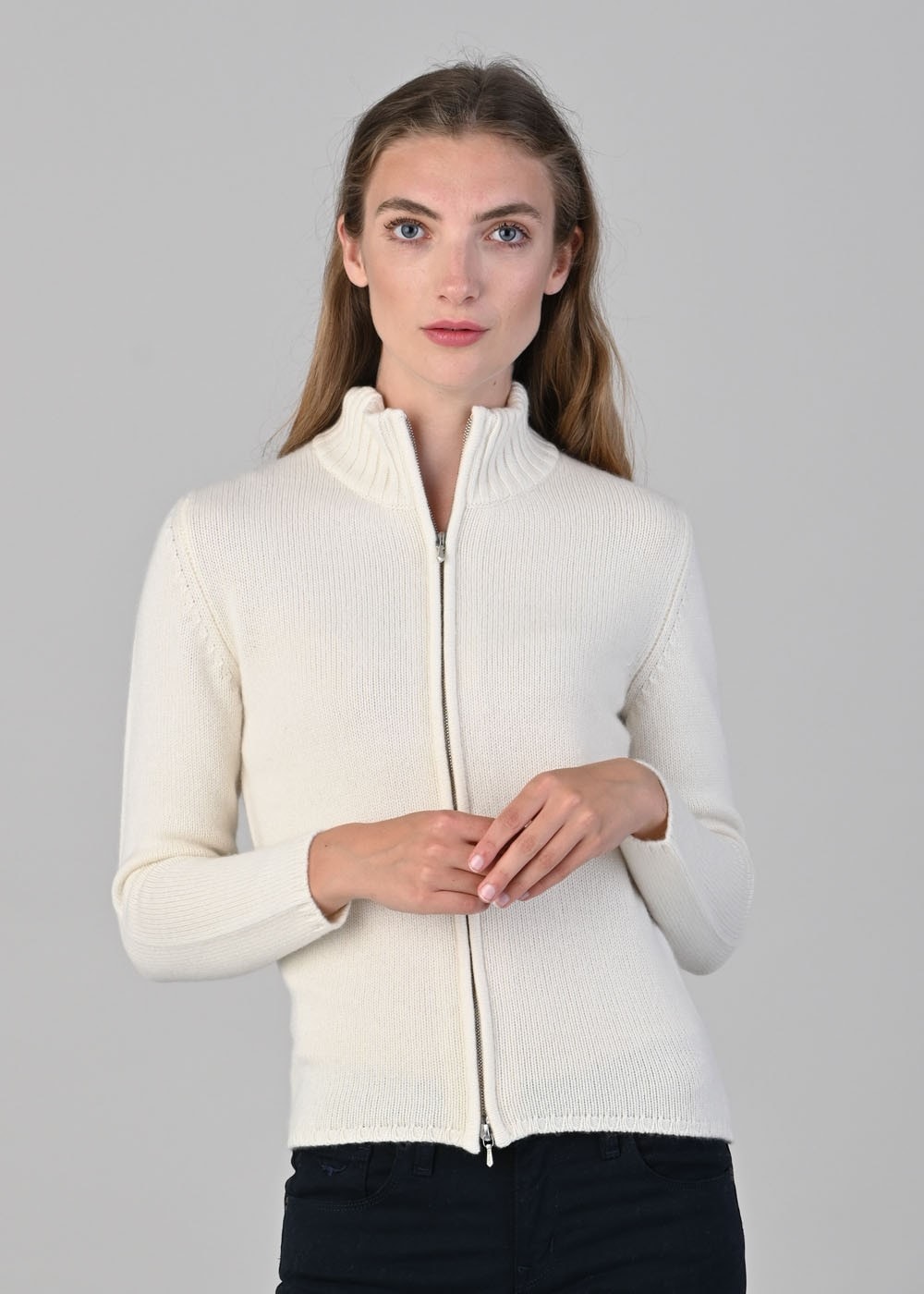 Amelia Cashmere High Neck Zip - White Undyed - 1