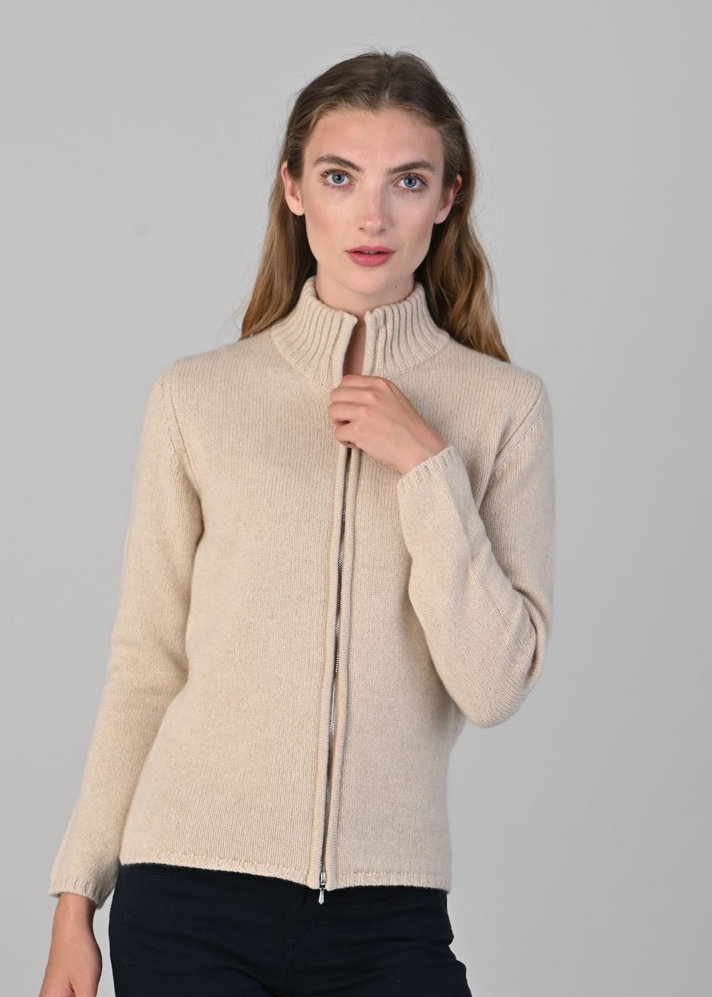 Amelia Cashmere High Neck Zip - Oatmeal - 1