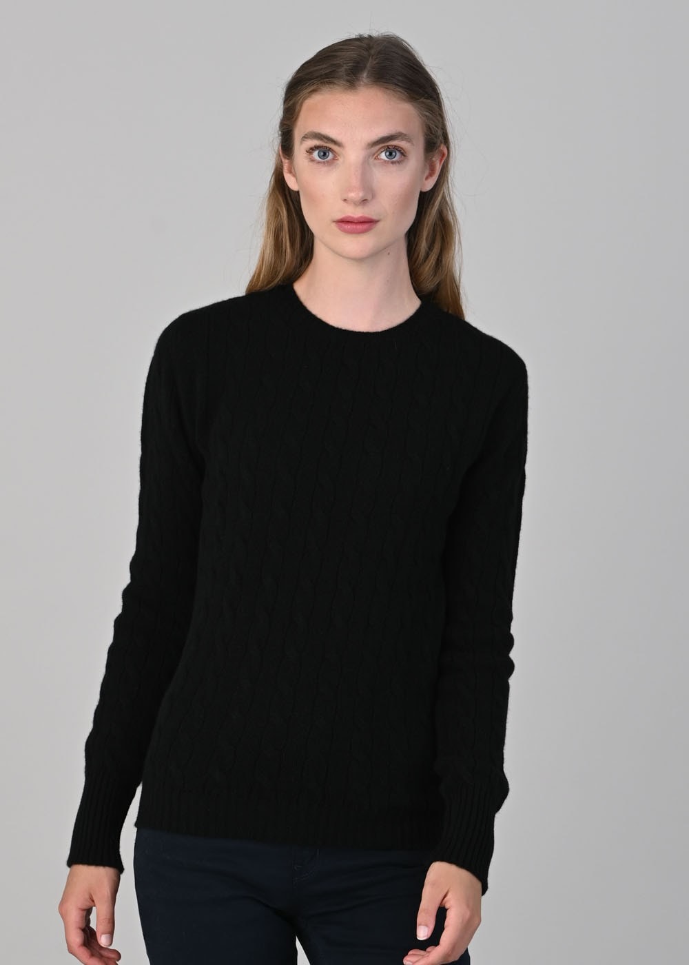 Sophia Cashmere Cable Crew Neck - Black - 1
