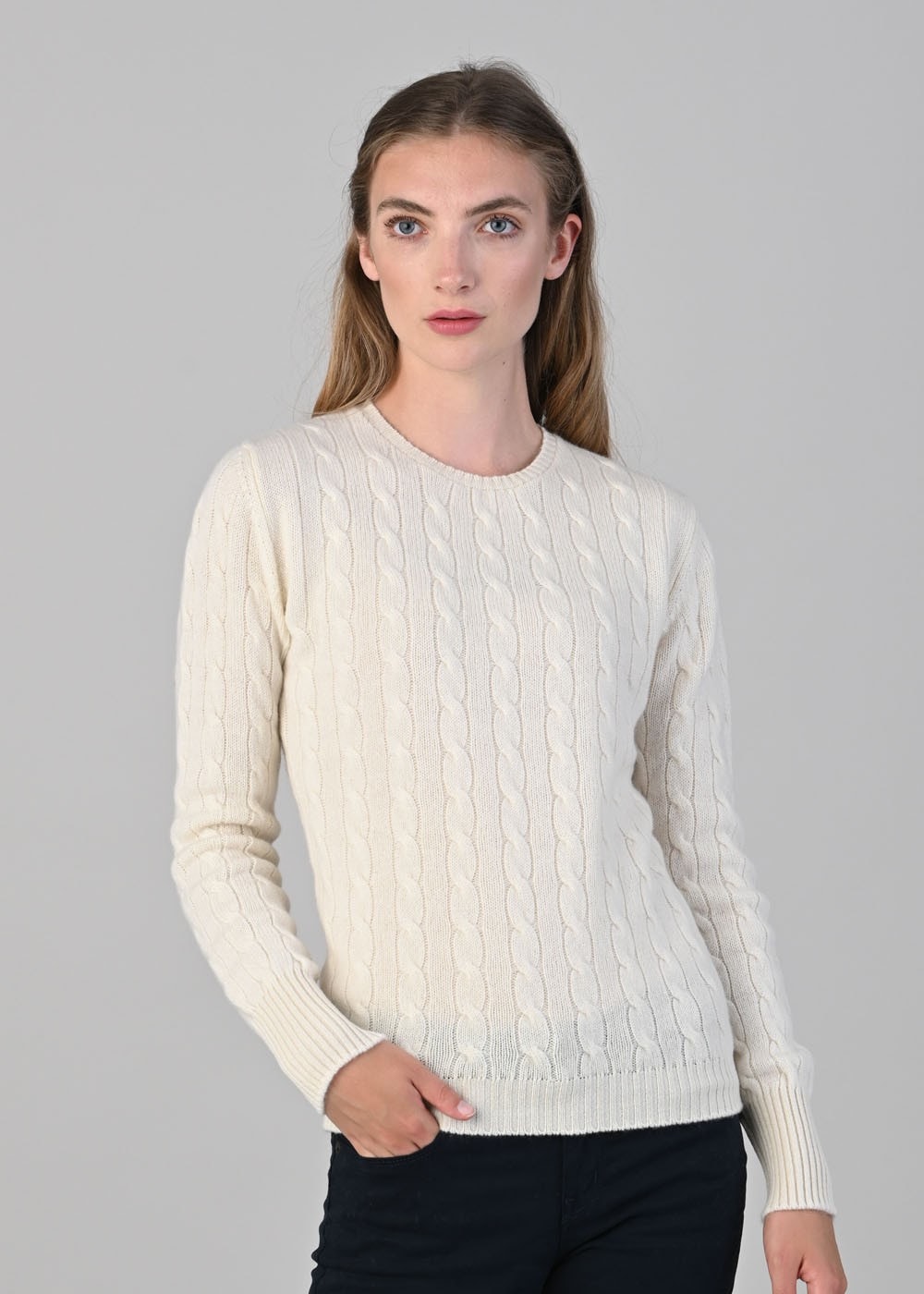 Sophia Cashmere Cable Crew Neck - White Undyed - 1
