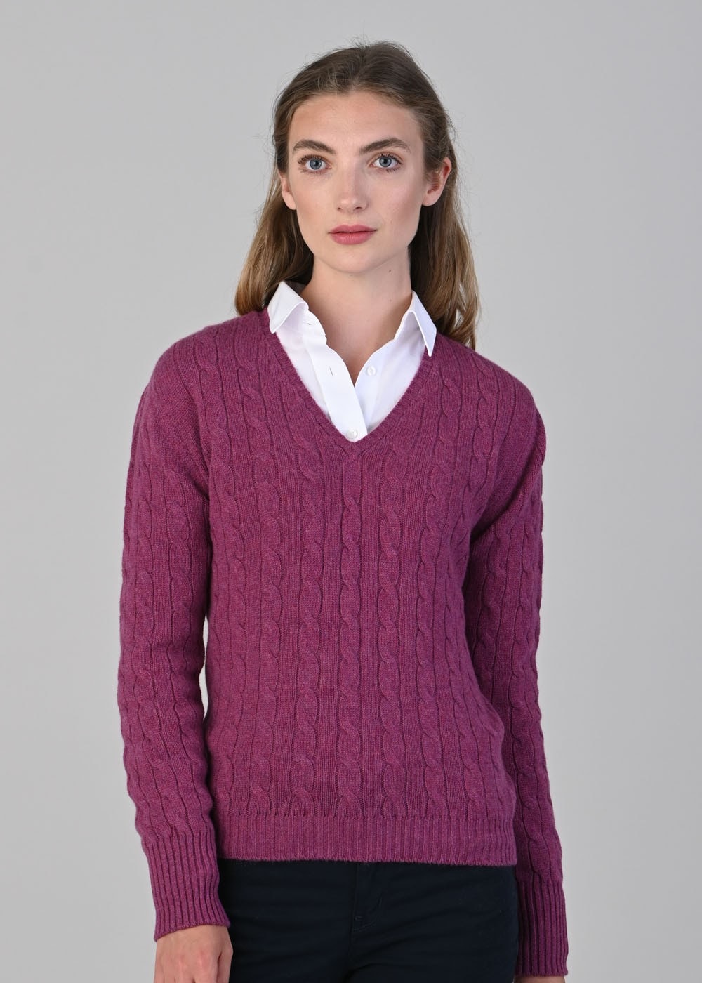Sophia Cashmere Cable Vee Neck - Loganberry - 1