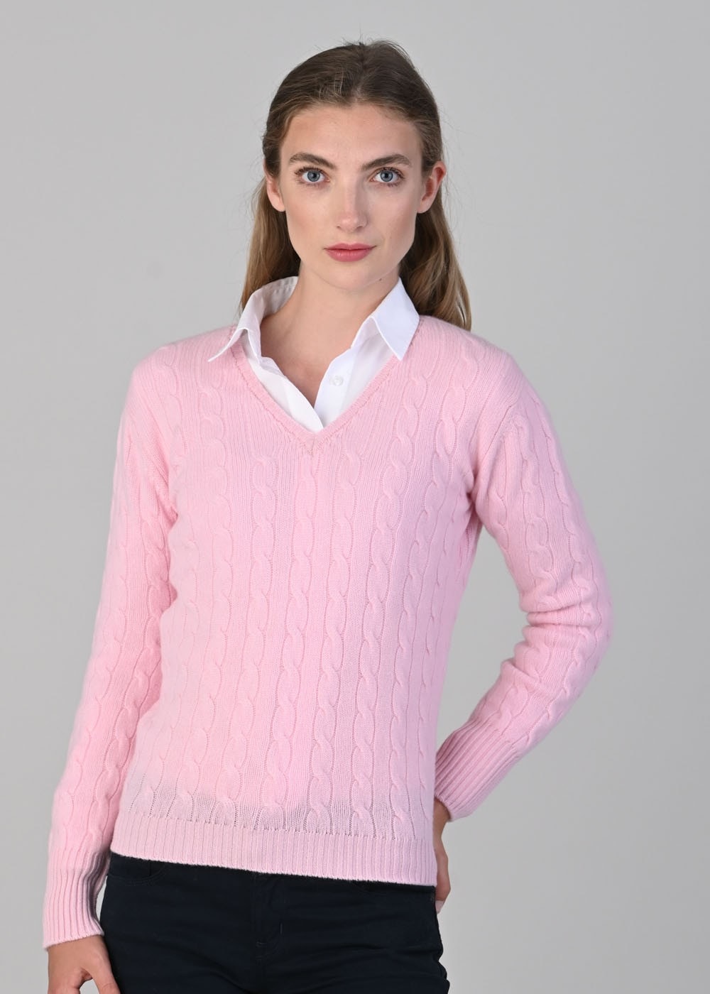 Sophia Cashmere Cable Vee Neck - Marshmallow - 1