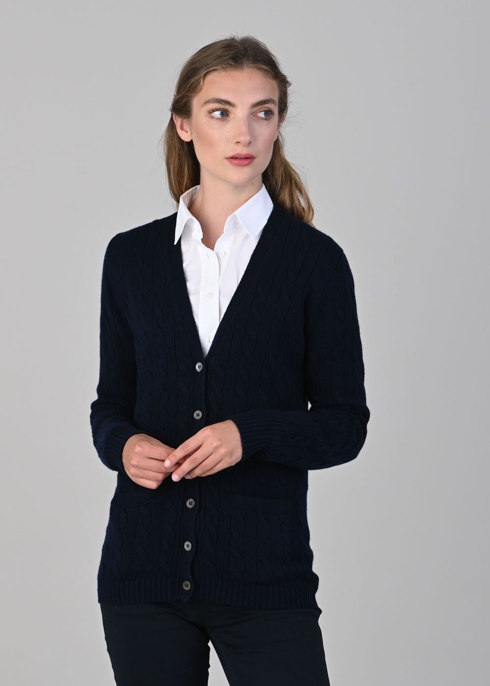 Sophia Cashmere Vee Cardigan - Navy - 1