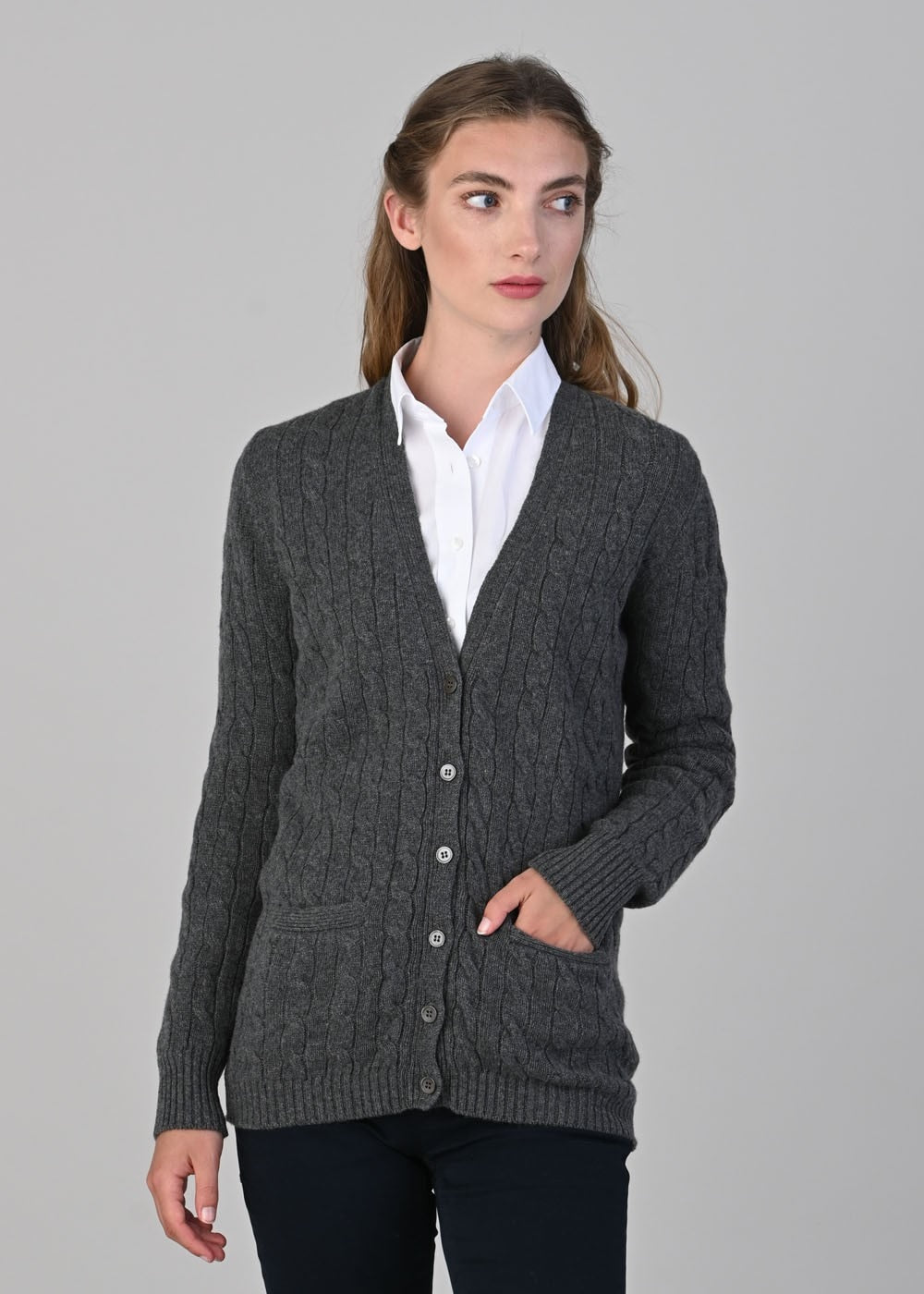 Sophia Cashmere Vee Cardigan - Derby Grey - 1