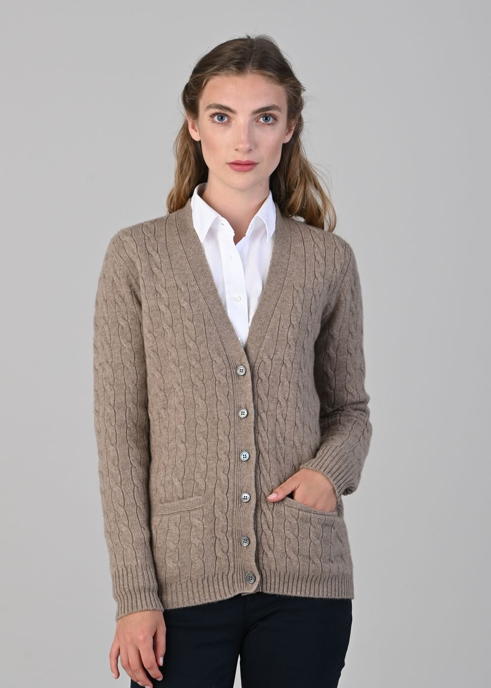 Sophia Cashmere Vee Cardigan - Dark Natural - 1