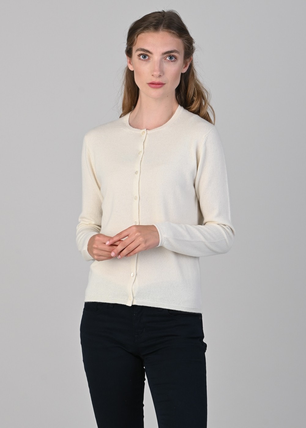 High Button Taylor & Twill Millie Cashmere High Button Cardigan – White Undyed ...