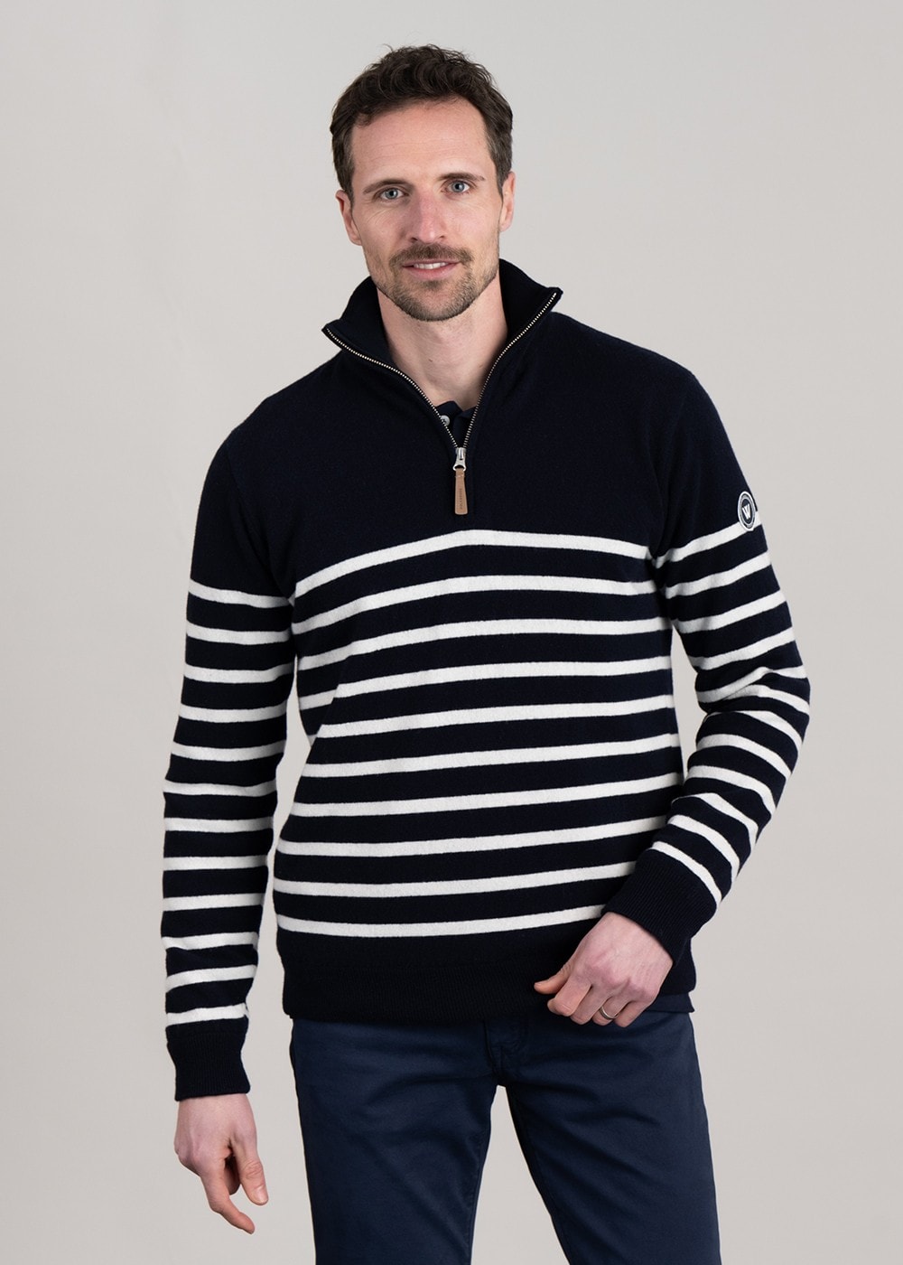 Stellan T-Neck Windproof Sweater - Navy and Off White - 0