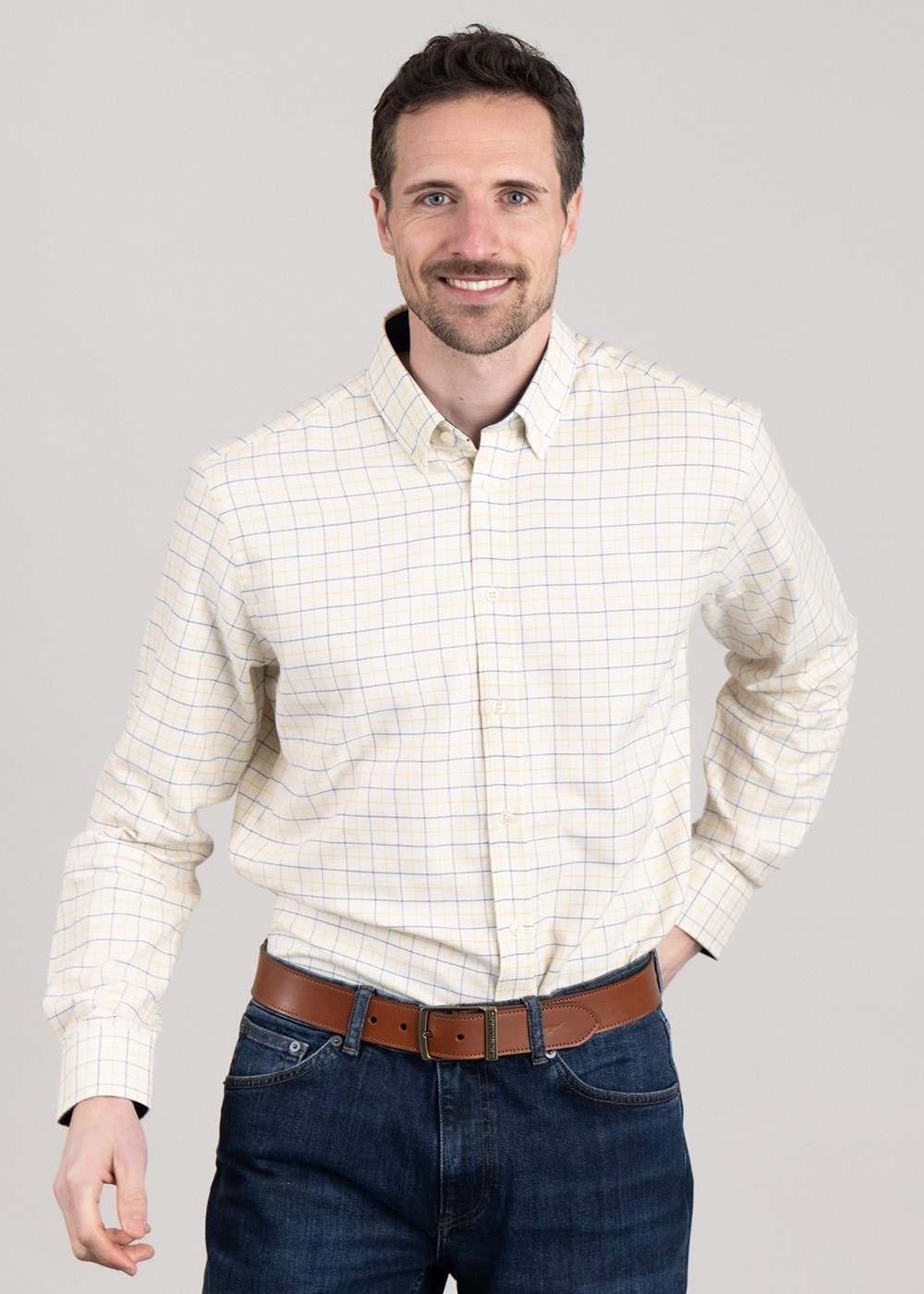 Aldeburgh Tailored Shirt - Navy and Mustard Check - 0