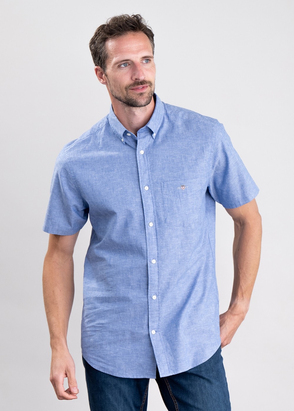 Cotton Linen Short Sleeve Shirt - Rich Blue - 0