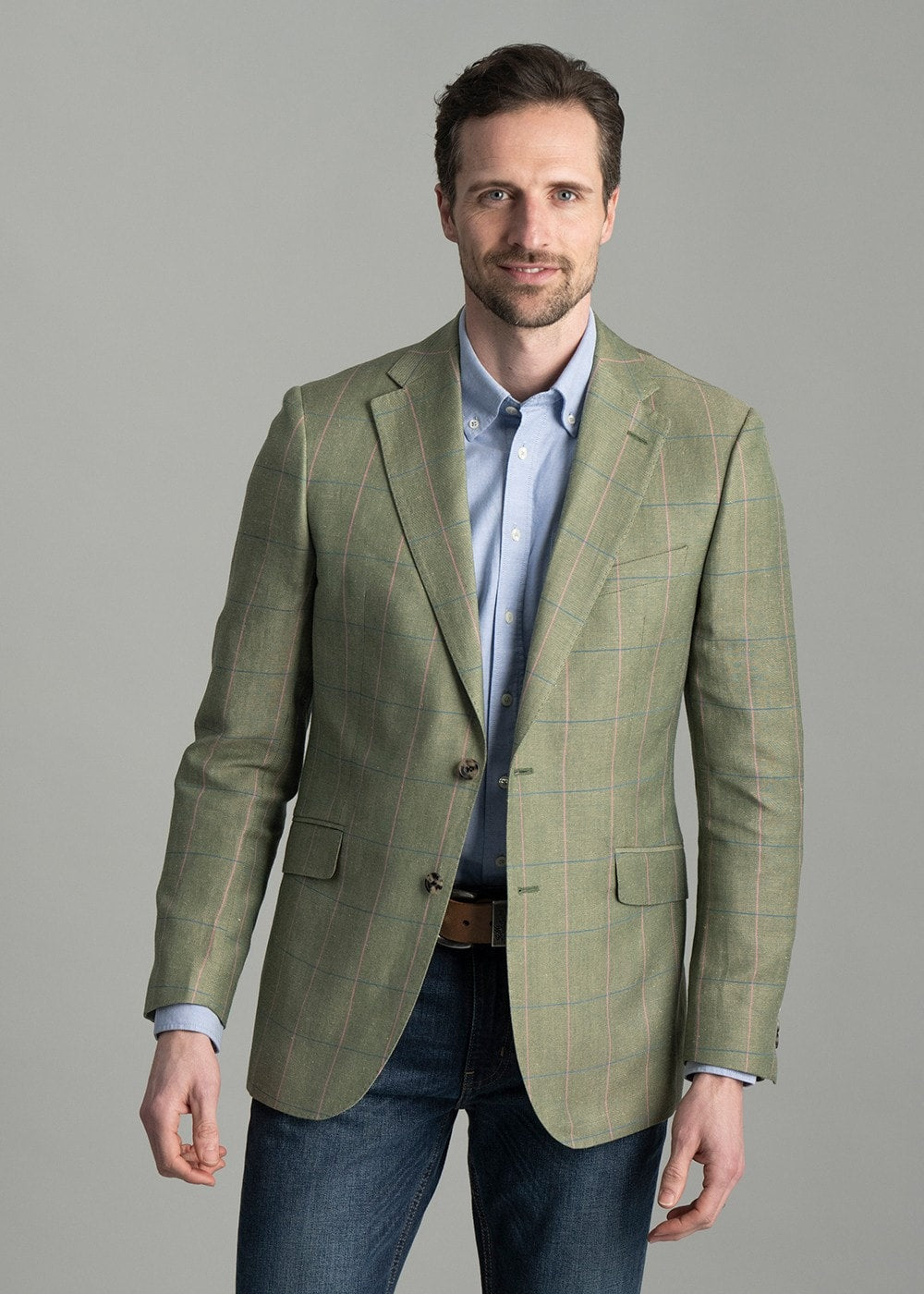 Taylor Twill Powburn Tweed Jacket – Green Herringbone with Sky