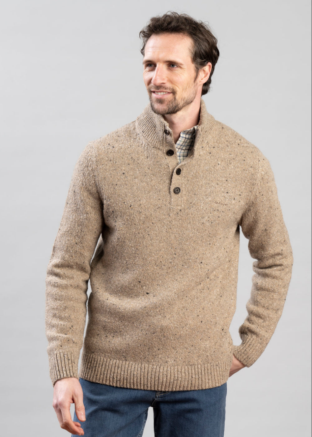 Wool Blend Neps Half Buttoned Jumper