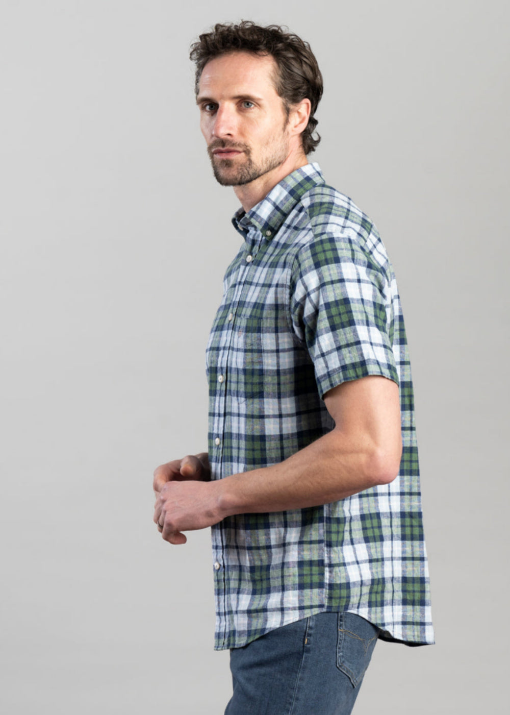 Cotton Linen Check Short Sleeve Shirt