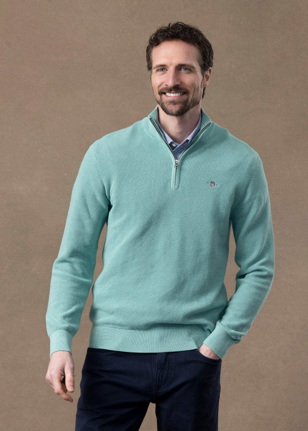 Gant Micro Textured Cotton Half Zip – Muted Turquoise – Humes