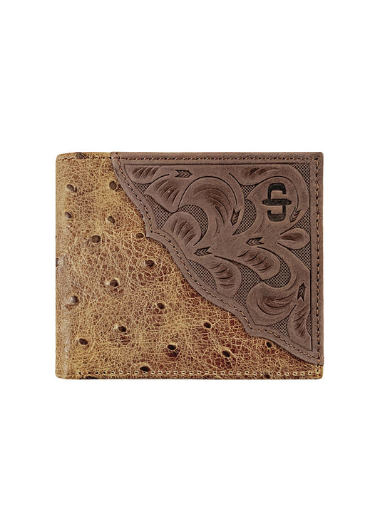 Ostrich Embossed Leather Bi-fold Wallet SS26 - Brown