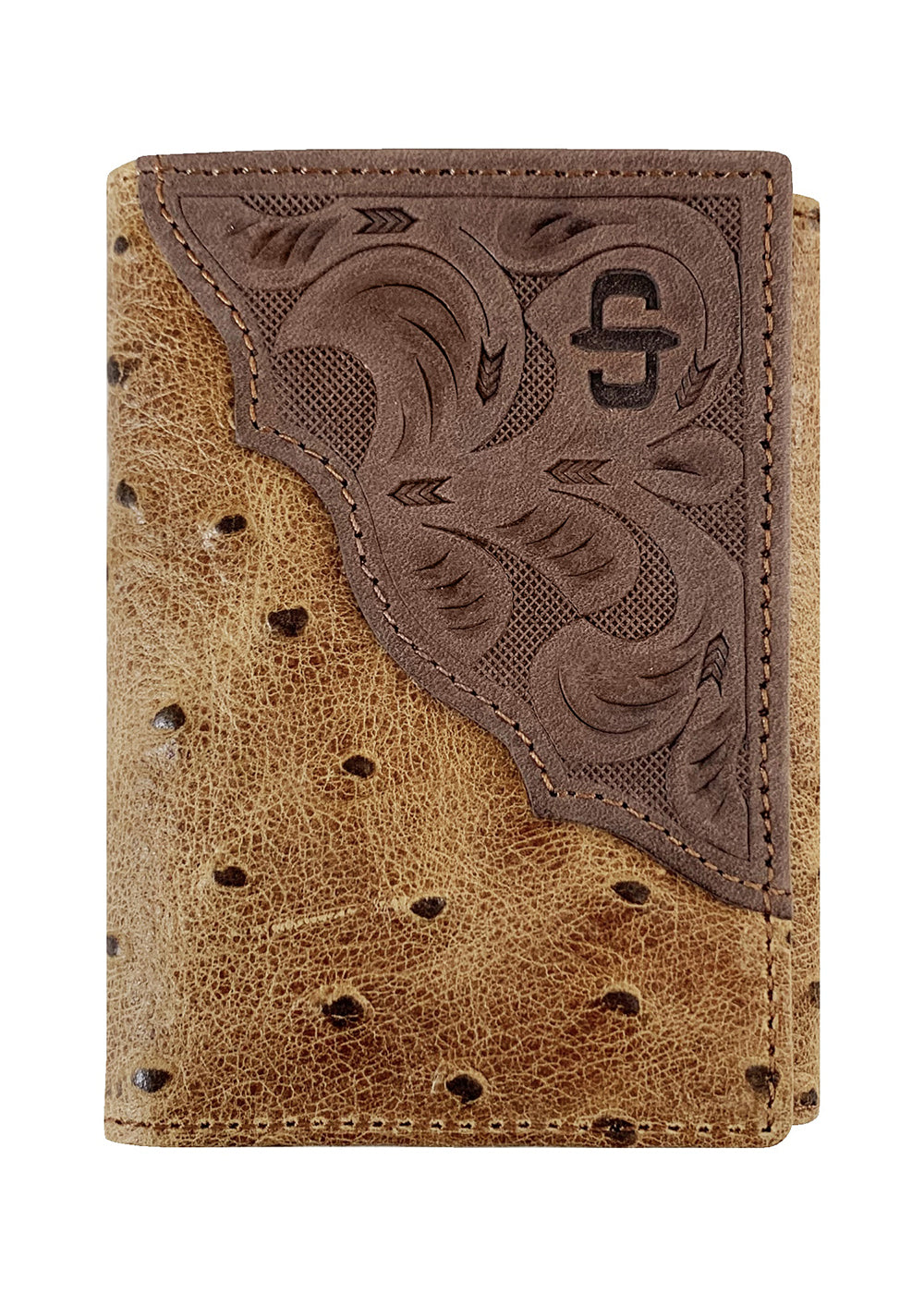 Ostrich Embossed Leather Tri-fold Wallet SS26 - Brown