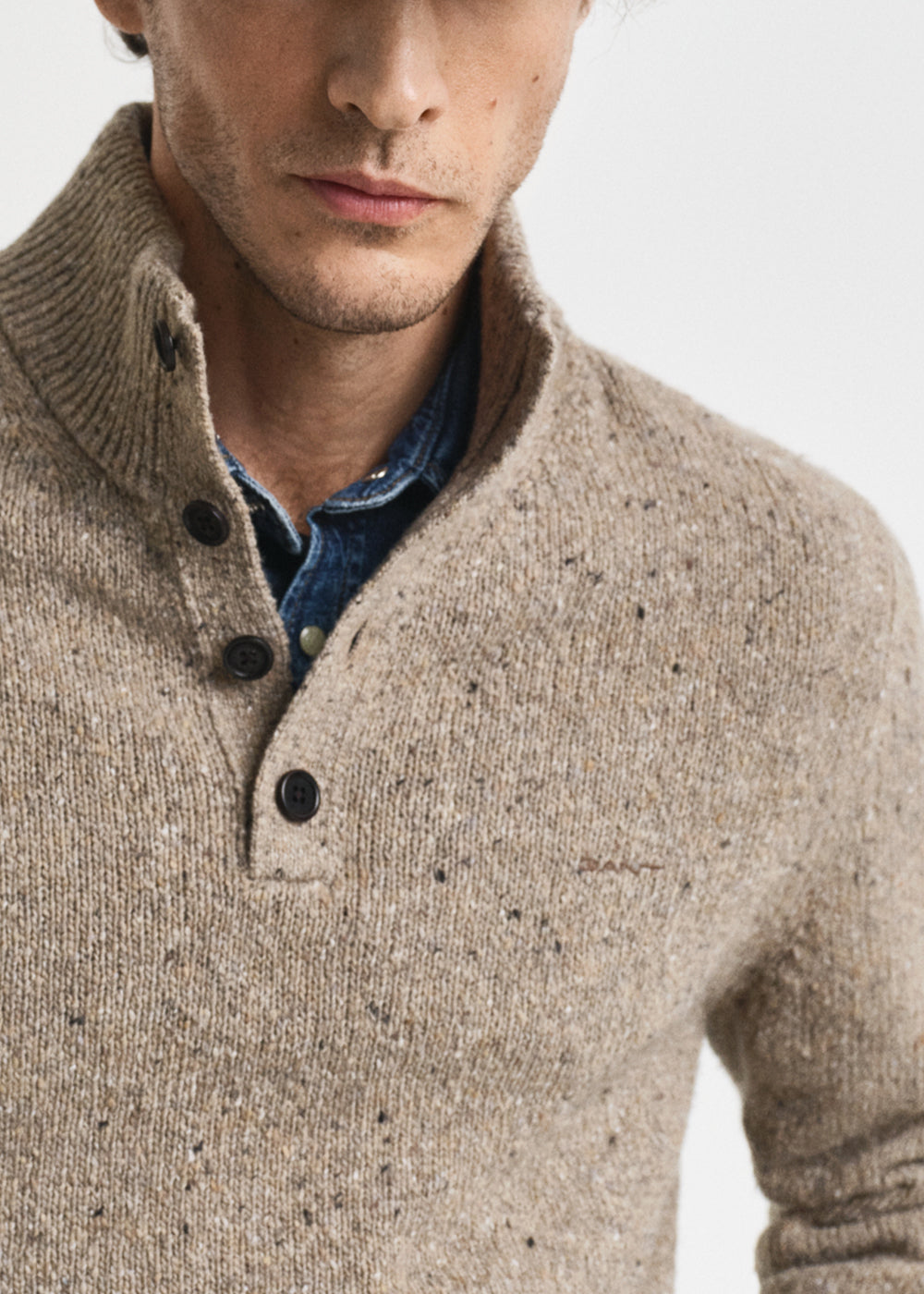 Wool Blend Neps Half Buttoned Jumper