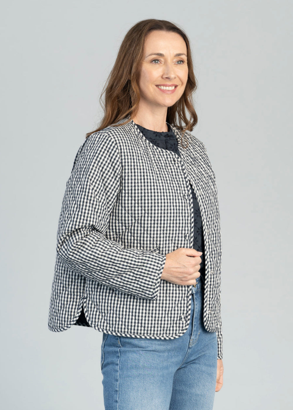 Cashel Check Collarless Quilted Jacket