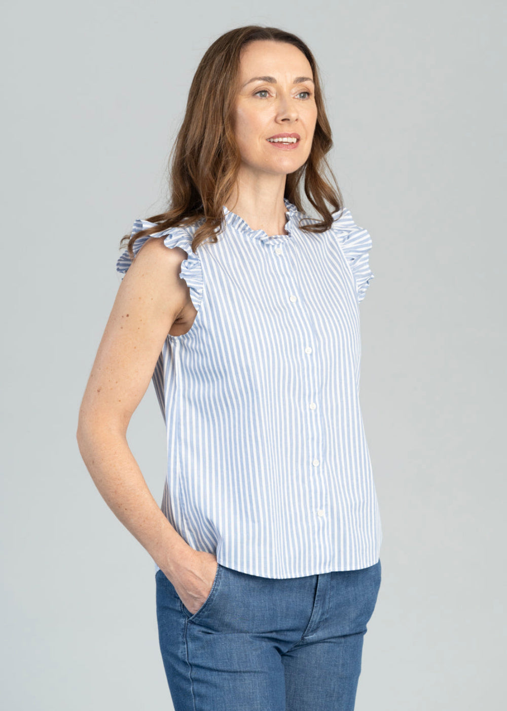 Stripe Cotton Ruffle Blouse