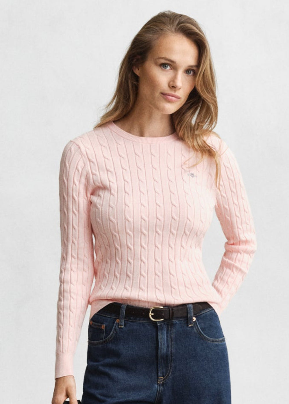 Stretch Cotton Cable Crew Knit