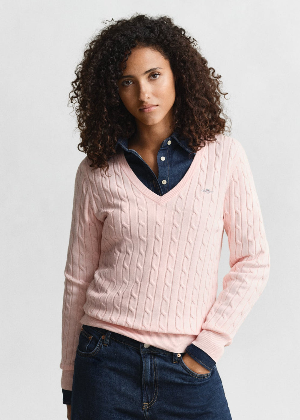 Stretch Cotton Cable V-Neck Knit
