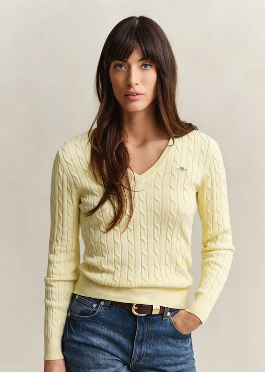 Stretch Cotton Cable V-Neck Knit
